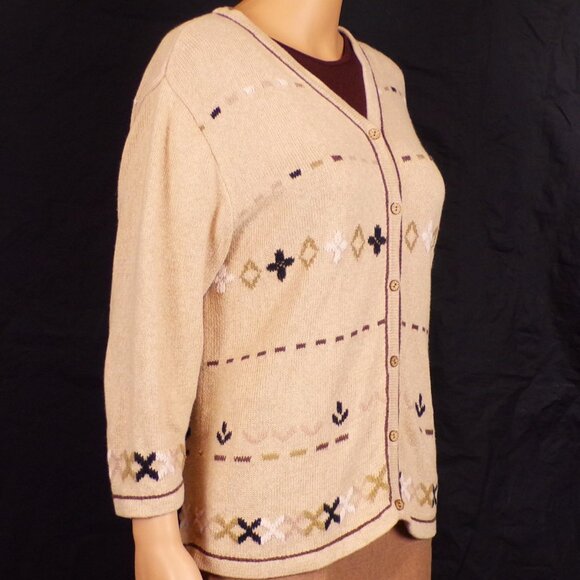 CHRISTOPHER & BANKS size L Jrs. beige (mostly) hand-embroidered cardigan sweater - Picture 4 of 16